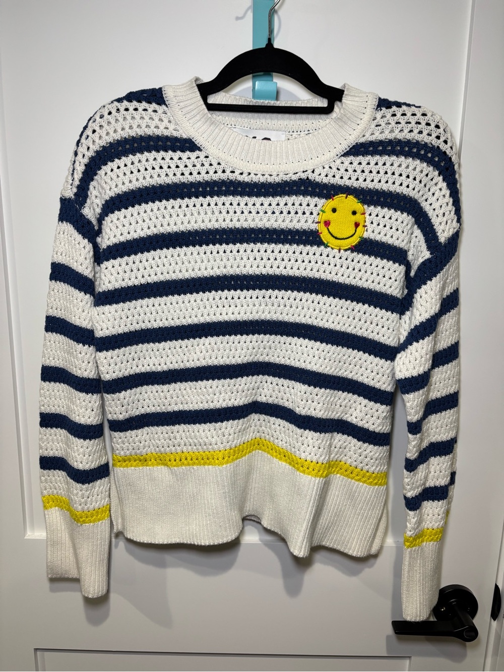 Kerri Rosenthal XO KR Smiley Face Striped Sweater Navy White Yellow Small